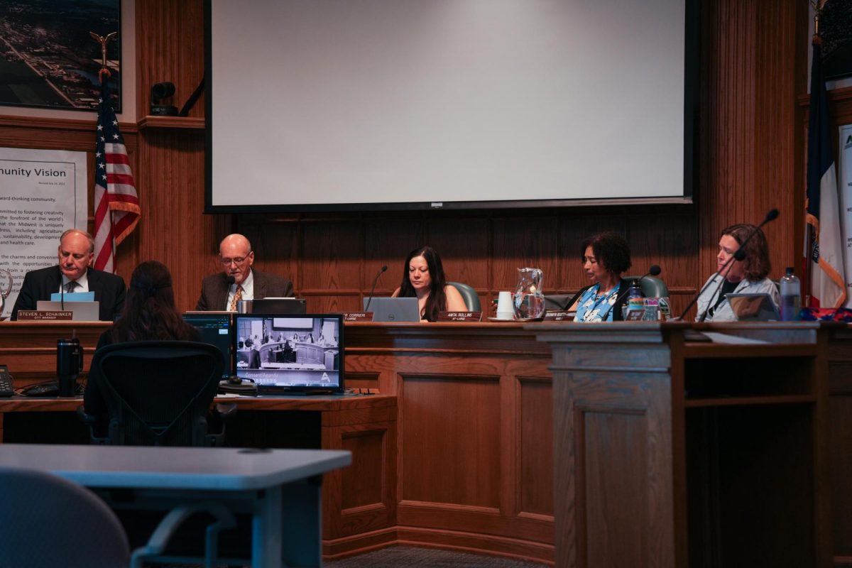 Ames City Councol members gather at the Aug. 27 Ames City Council meeting in Ames City Hall. 