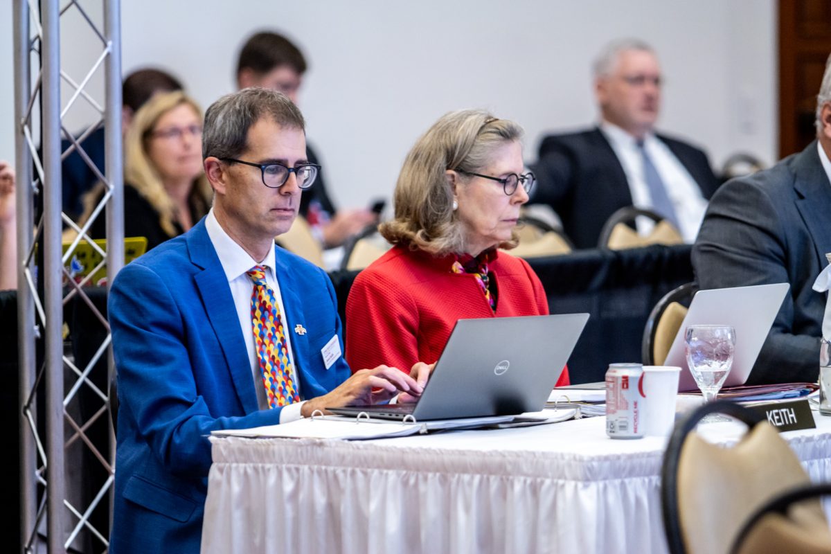 Jason Keith, Iowa State University Provost, and Wendy Wintersteen, Iowa State University President, at the Board of Regents in the Alumni Center on Sept. 18, 2024.