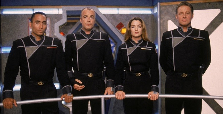 Bruce Boxleitner, Richard Biggs, Claudia Christian, and Jerry Doyle in Babylon 5 (1993)