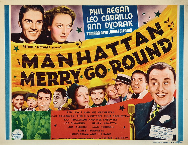 Gene Autry, Cab Calloway, Leo Carrillo, Joe DiMaggio, Ann Dvorak, Tamara Geva, Ted Lewis, Phil Regan, Max Terhune, Ted Lewis and His Orchestra, Cab Calloway and His Cotton Club Orchestra, and Elmer in Manhattan Merry-Go-Round (1937)