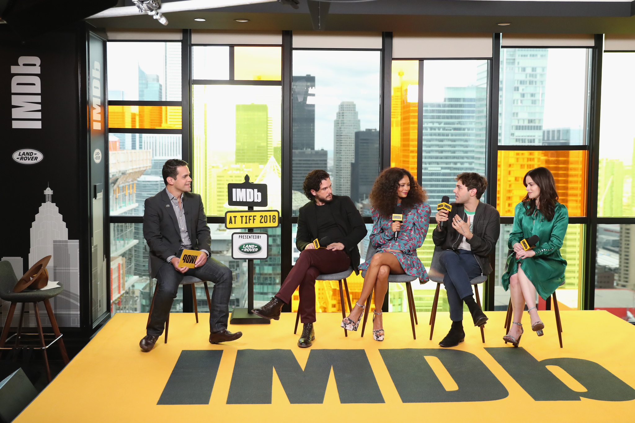 Xavier Dolan, Emily Hampshire, Thandiwe Newton, Dave Karger, and Kit Harington at an event for The Death & Life of John F. Donovan (2018)