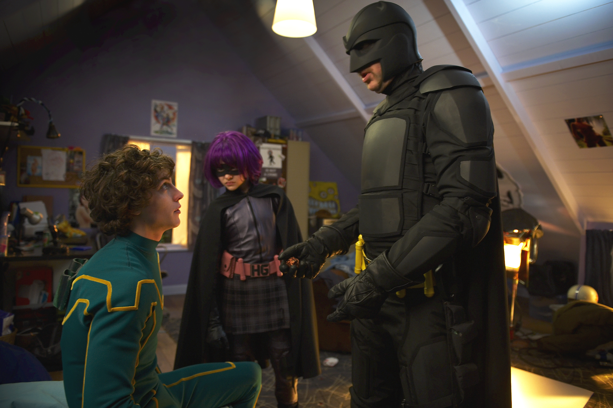 Nicolas Cage, Aaron Taylor-Johnson, and Chloë Grace Moretz in Kick-Ass (2010)