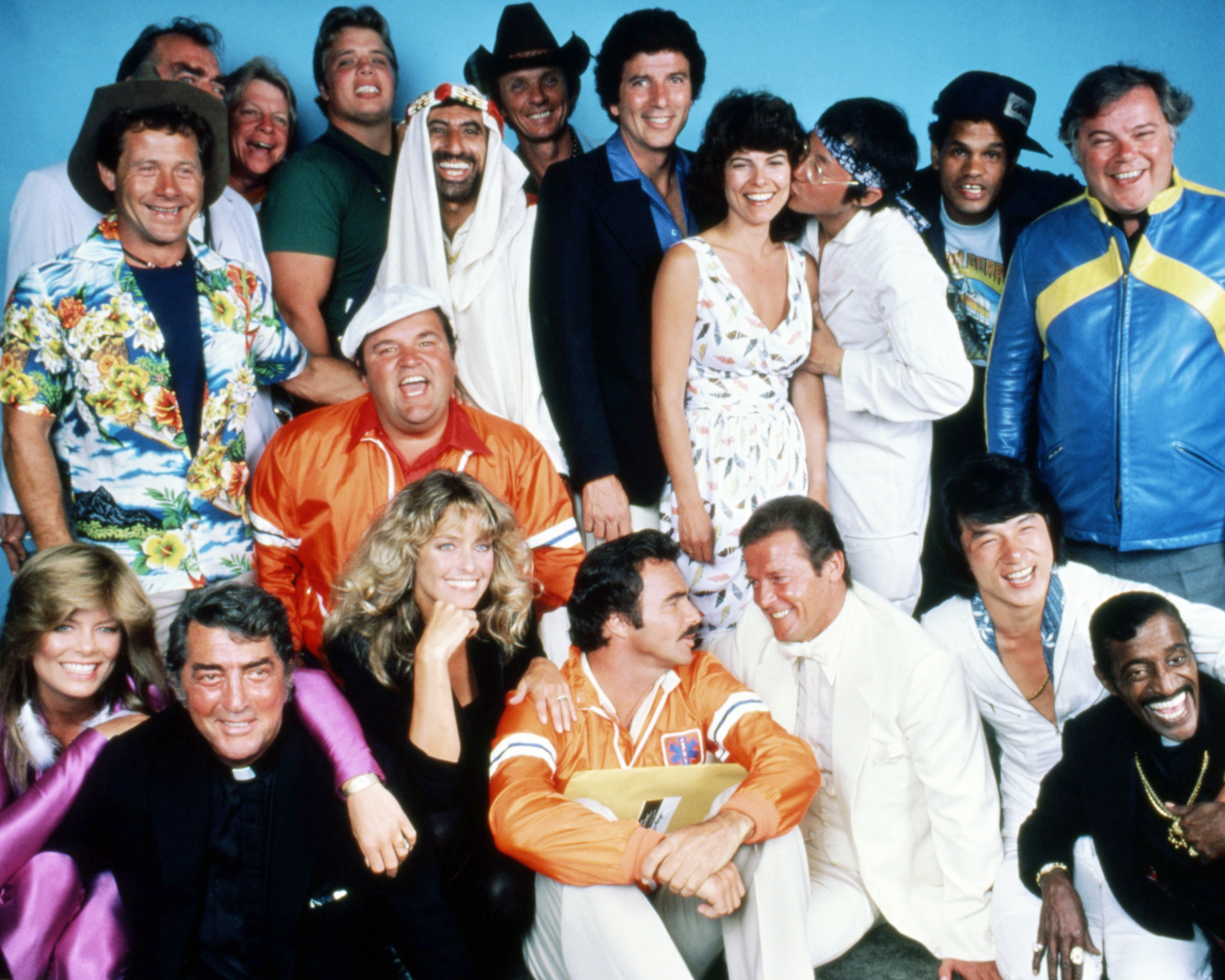 Adrienne Barbeau, Jackie Chan, Farrah Fawcett, Roger Moore, Burt Reynolds, Dom DeLuise, Jack Elam, Dean Martin, Sammy Davis Jr., Rick Aviles, Warren Berlinger, Tara Buckman, Bert Convy, Jamie Farr, Michael Hui, Joe Klecko, Hal Needham, Mel Tillis, and Alfie Wise in The Cannonball Run (1981)