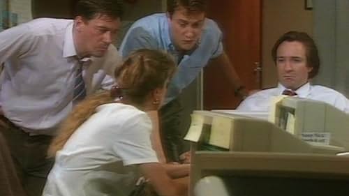 Haydn Gwynne, Neil Pearson, Jeff Rawle, and Stephen Tompkinson in Drop the Dead Donkey (1990)