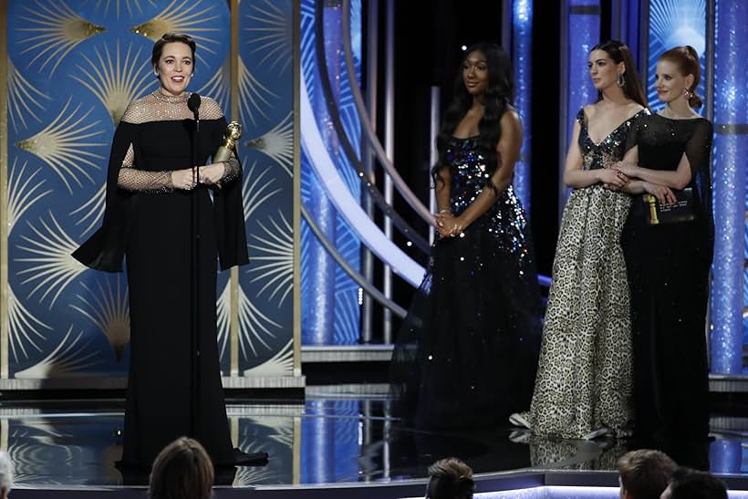 Anne Hathaway, Isan Elba, Olivia Colman, and Jessica Chastain at an event for The Favourite (2018)