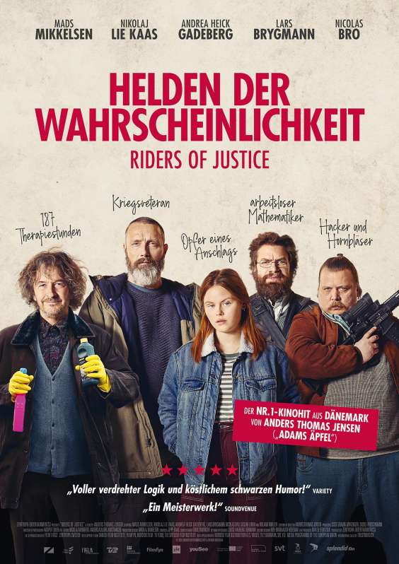 Nicolas Bro, Lars Brygmann, Nikolaj Lie Kaas, Mads Mikkelsen, and Andrea Heick Gadeberg in Riders of Justice (2020)