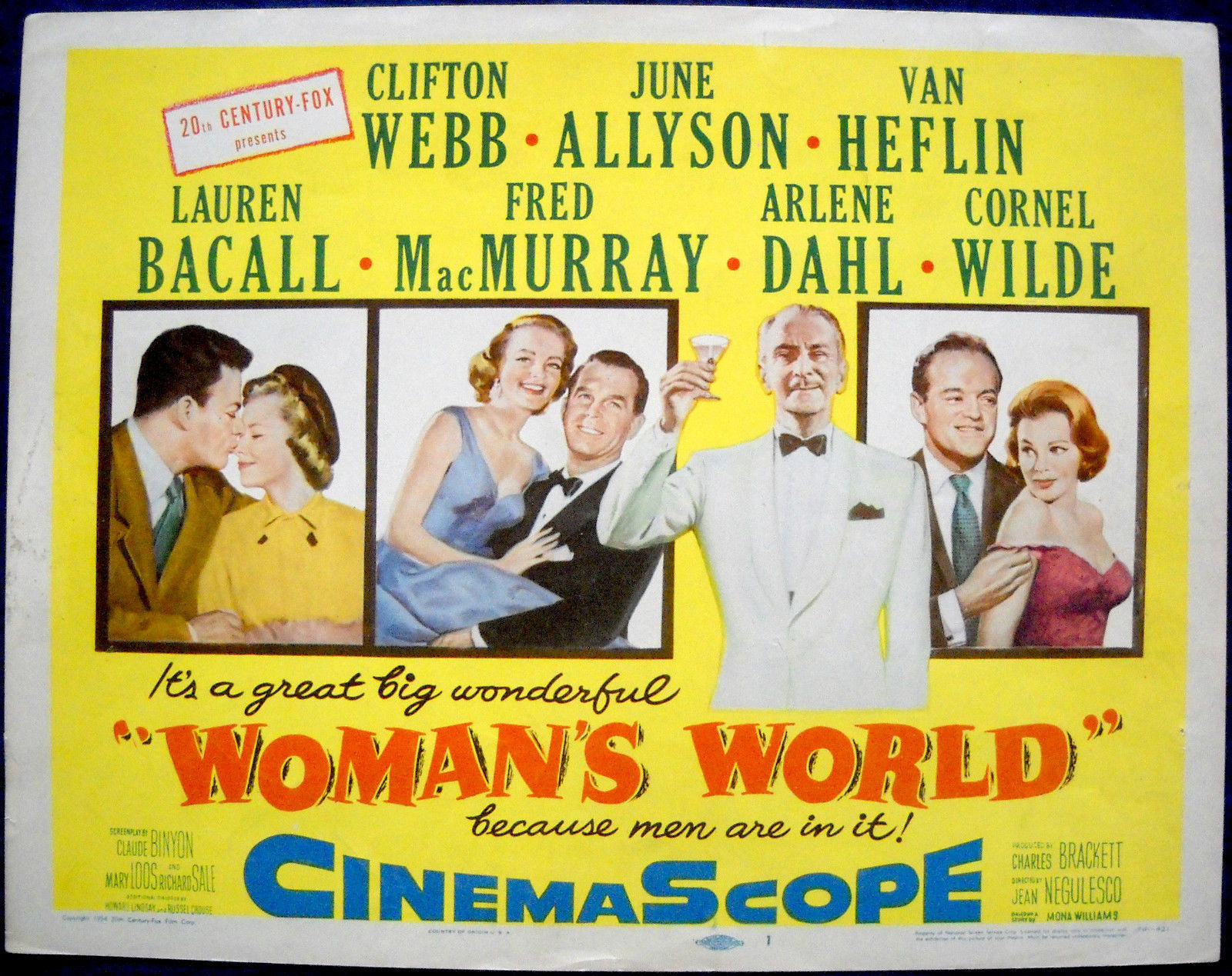 Lauren Bacall, June Allyson, Van Heflin, Arlene Dahl, Fred MacMurray, Cornel Wilde, and Clifton Webb in Woman's World (1954)