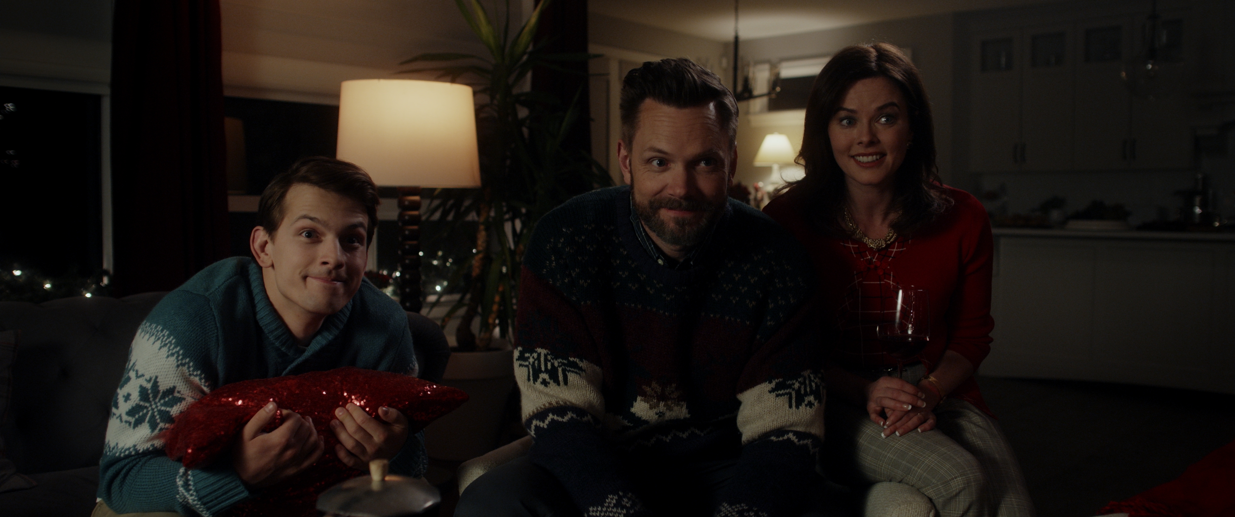 Joel McHale, Aiden Howard, and Erin Boyes in It's a Wonderful Knife (2023)