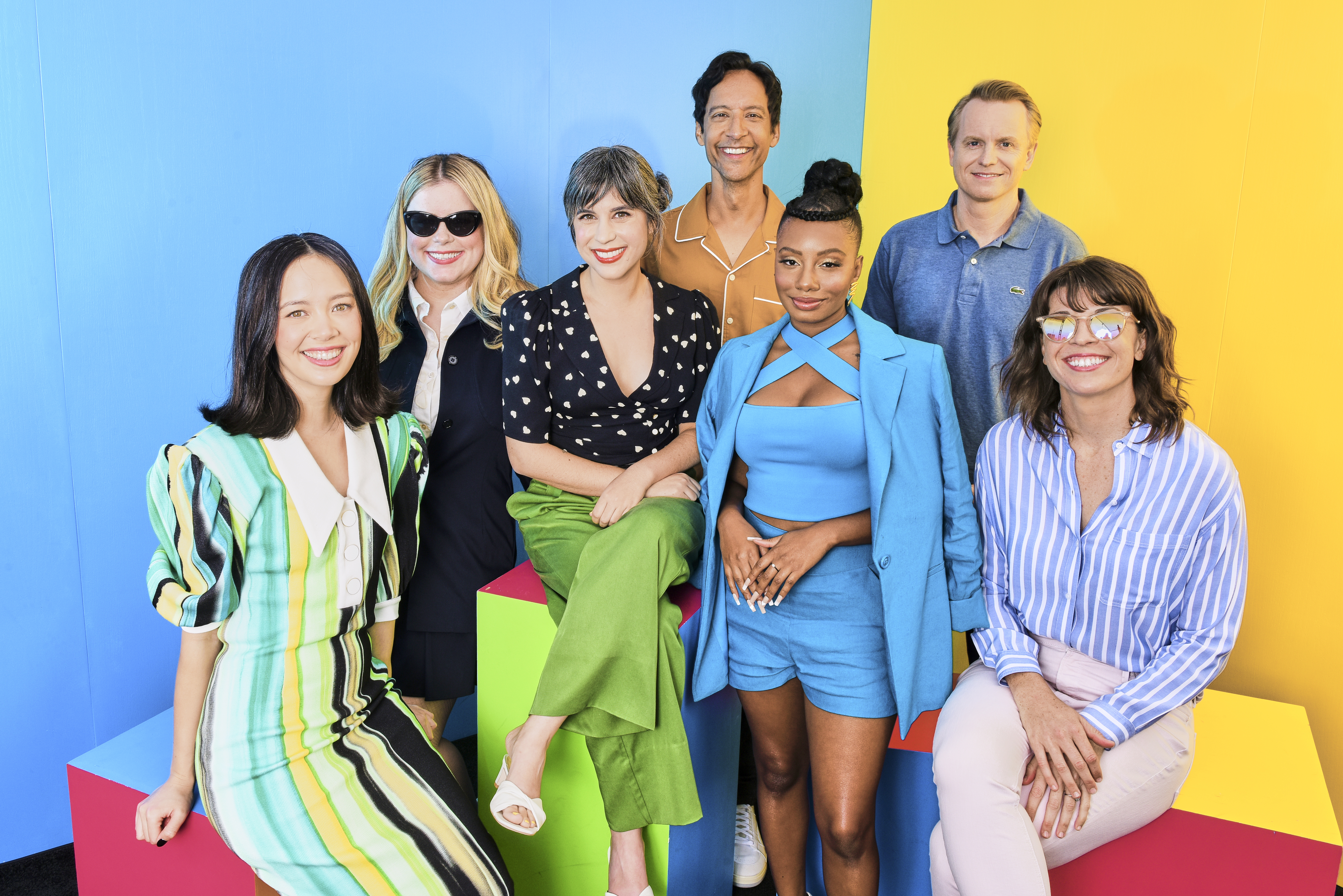 David Hornsby, Charlotte Nicdao, Imani Hakim, Jessie Ennis, Danny Pudi, Megan Ganz, and Ashly Burch at an event for Mythic Quest (2020)