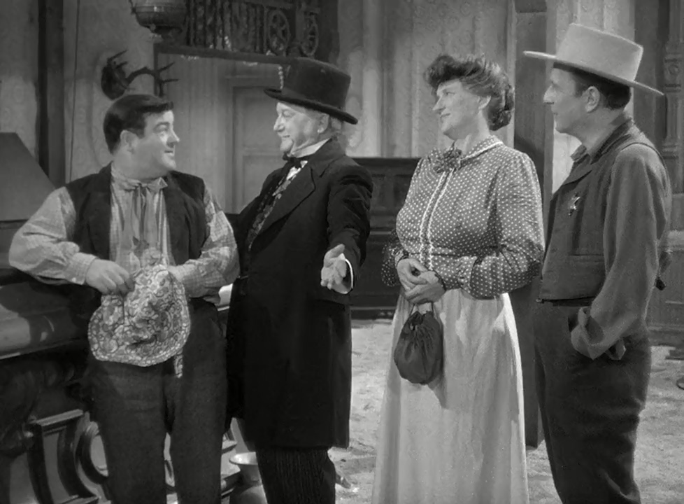 Bud Abbott, George Cleveland, Lou Costello, and Marjorie Main in The Wistful Widow of Wagon Gap (1947)