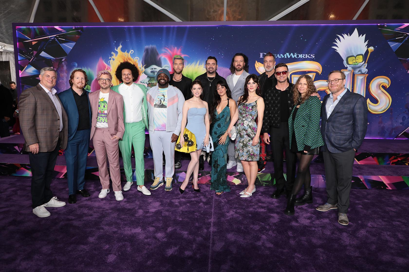 Lance Bass, Joey Fatone, Chris Kirkpatrick, Justin Timberlake, JC Chasez, Zooey Deschanel, Walt Dohrn, Anna Kendrick, Gina Shay, Eric Andre, Tim Heitz, Christopher Mintz-Plasse, John Swanson, Ron Funches, and Camila Cabello in Trolls Band Together (2023)