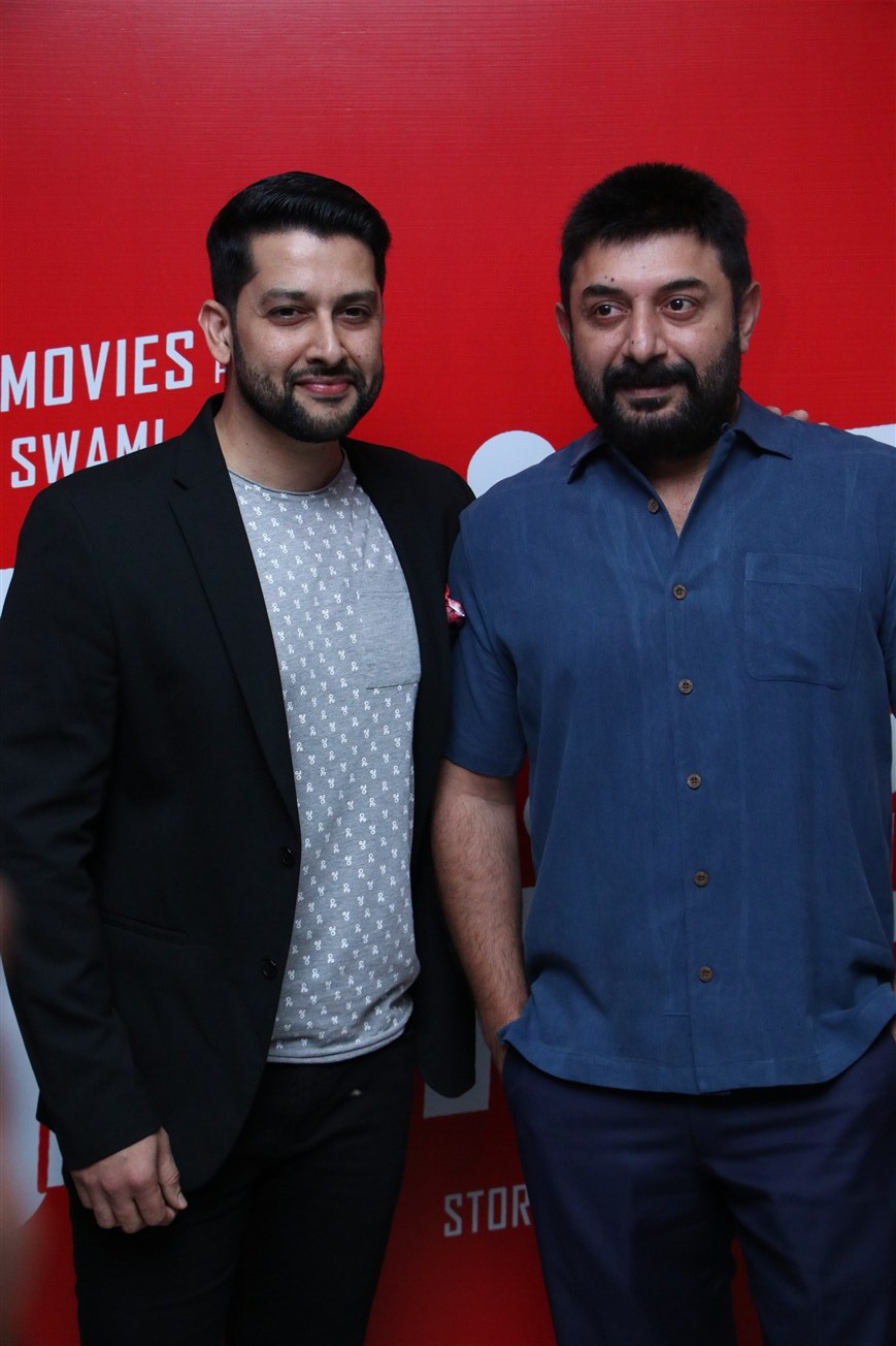 Aftab Shivdasani and Arvind Swamy at an event for Bhaskar Oru Rascal (2018)