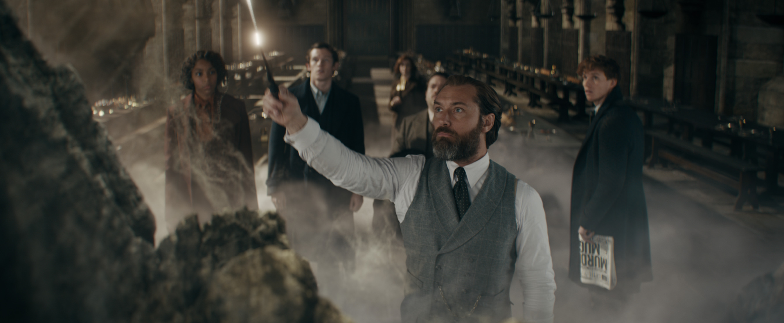 Jude Law, Dan Fogler, Eddie Redmayne, Jessica Williams, and Callum Turner in Fantastic Beasts: The Secrets of Dumbledore (2022)