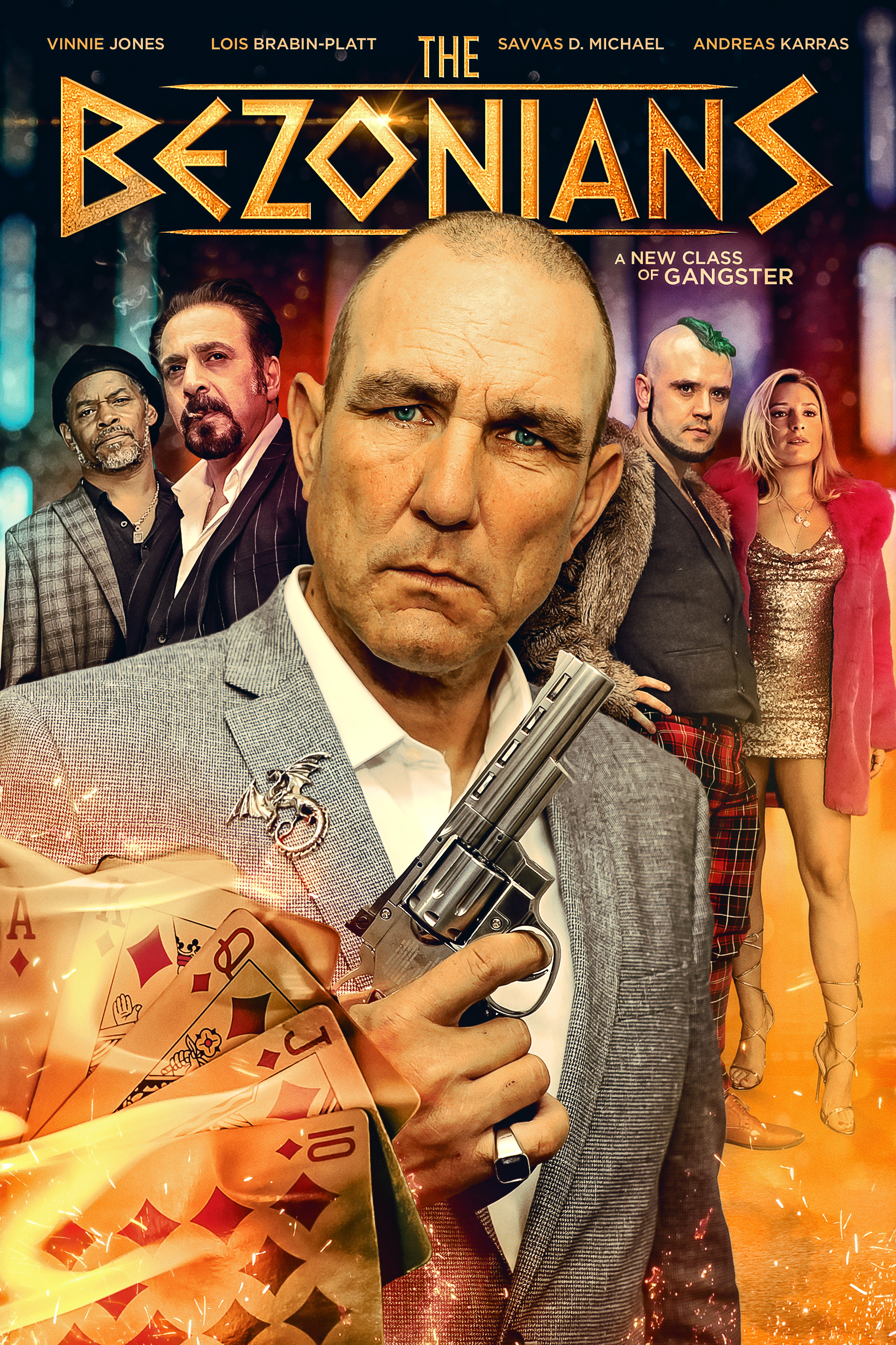 Vinnie Jones, Andreas Karras, Chris Tummings, Cassandra French, Christopher Sciueref, Jamie Crew, Jason Duff, Savvas D. Michael, and Lois Tallulah in The Bezonians (2021)