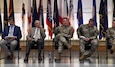 Col. Marc Welde, center, commander of U.S. Army Medical Logistics Command, takes part in a panel discussion during the 2024 MEDLOG Leadership Symposium, held Aug. 7-8 at Fort Detrick, Maryland. Also pictured, from left, are Derek Cooper, AMLC’s civilian deputy to the commander; retired Brig. Gen. Richard Ursone; AMLC Command Sgt. Maj. Gabriel Wright; and Chief Warrant Officer 5 Deanna Hughes, 670A consultant to the Army Surgeon General. (Photo Credit: C.J. Lovelace)