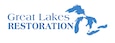 Blue and white logo with the words "Great Lakes Restoration" and an image of the Great Lakes to the right.