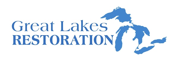 Blue and white logo with the words "Great Lakes Restoration" and an image of the Great Lakes to the right.