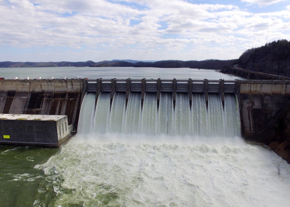 Aerial view of the Wolf Creek Dam on the Cumberland River in Jamestown, Kentucky.