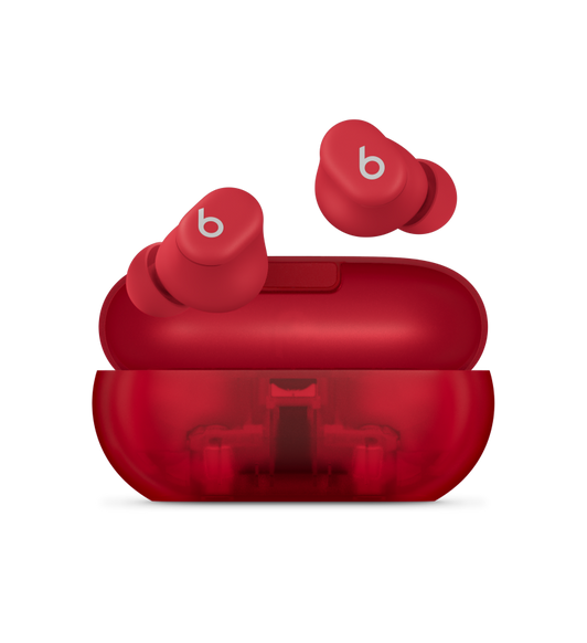 Beats Solo Buds-ørepropper i transparent rød, viser det kompakte bæreetuiet ovenfra.