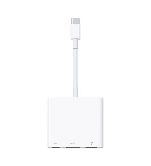 L’adaptateur AV numérique multiport USB-C vous permet de connecter simultanément un Mac ou un iPad avec port USB-C à un moniteur HDMI, à un appareil USB standard et à un câble de recharge USB-C.