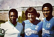 From left to right, Pelé, Brian Joy, and Eusébio. Taken before a game between the Las Vegas Quicksilvers and the New York Cosmos. (1 April 1977)