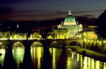 Bridge of Sant'Angelo and the Basilica di San Pietro (view at night)