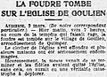 Article du journal L'Ouest-Éclair décrivant les dégâts provoqués par la foudre dans le bourg de Goulien le 8 mars 1922.