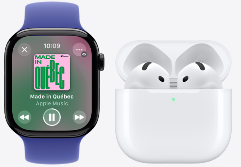 Une chanson en cours de lecture affichée sur une Apple Watch Series 10 placée à côté d’AirPods 4.