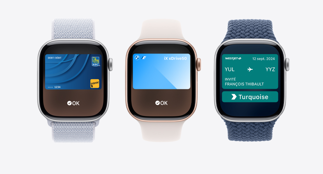 Trois Apple Watch Series 10. La première montre [Apple Card N/A to our geo], la deuxième un titre de transport affiché dans l’app Portefeuille, la troisième une clé de maison, utilisée avec l’app Portefeuille.