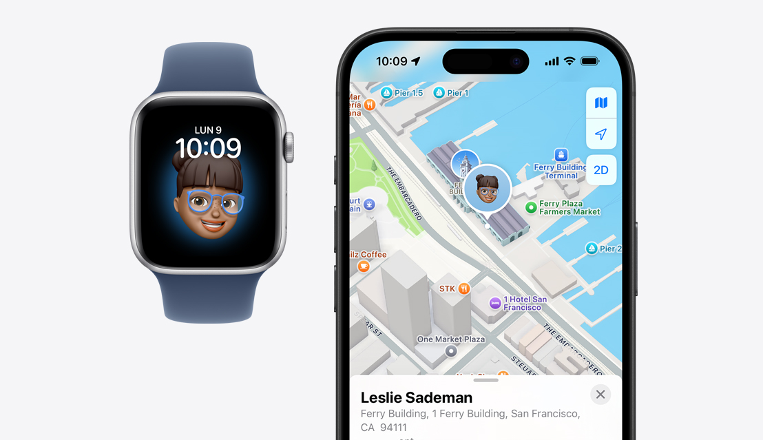 Une Apple Watch SE affichant un visage d’enfant, et un iPhone 16 montrant la position de l’enfant dans l’app Localiser.