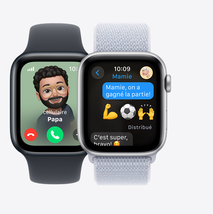 Image montrant deux Apple Watch SE. La première affiche un appel entrant de papa, et la seconde le texto d’un enfant informant sa grand-mère d’une victoire sportive.