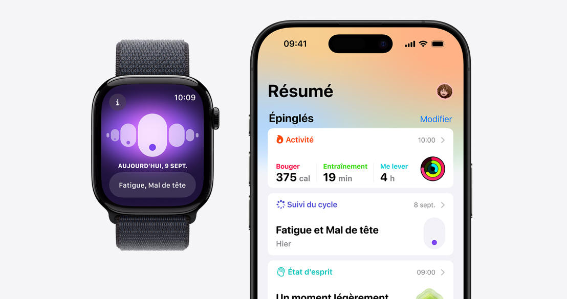 L’app Suivi du cycle sur une Apple Watch Series 10 placée à côté d’un iPhone 16 Pro où l’app Santé affiche des données de suivi du cycle.