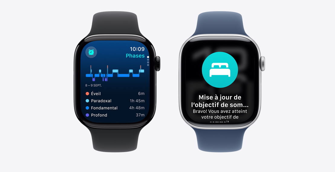 Deux Apple Watch Series 10. La première affiche des données sur les phases de sommeil, la deuxième une notification de possible apnée du sommeil.