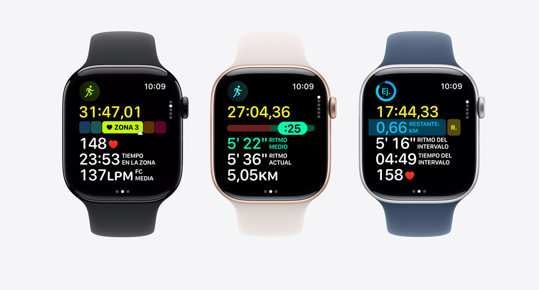 Tres modelos de Apple Watch Series 10 con las Zonas de Frecuencia Cardiaca en un entreno, Ritmo Objetivo y un entrenamiento de intervalos personalizado respectivamente.