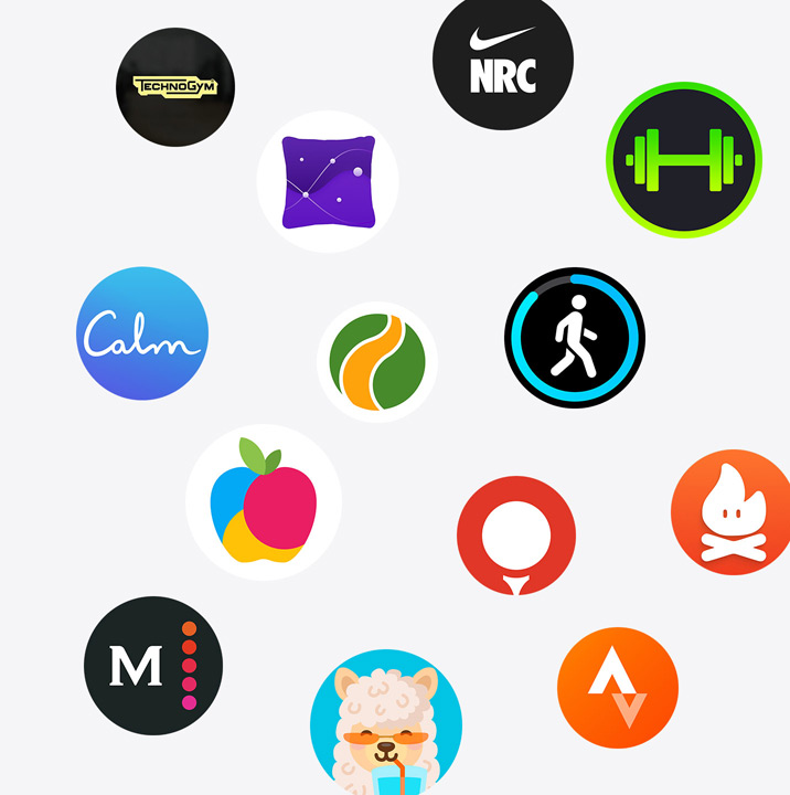 Iconos de apps para el Apple Watch del App Store: ChargePoint, Yelp, Nike Run Club, SmartGym, Calm, NBA, SwingVision, Oceanic+, WeChat, Waterllama, Golfshot, JetBlue y AllTrails