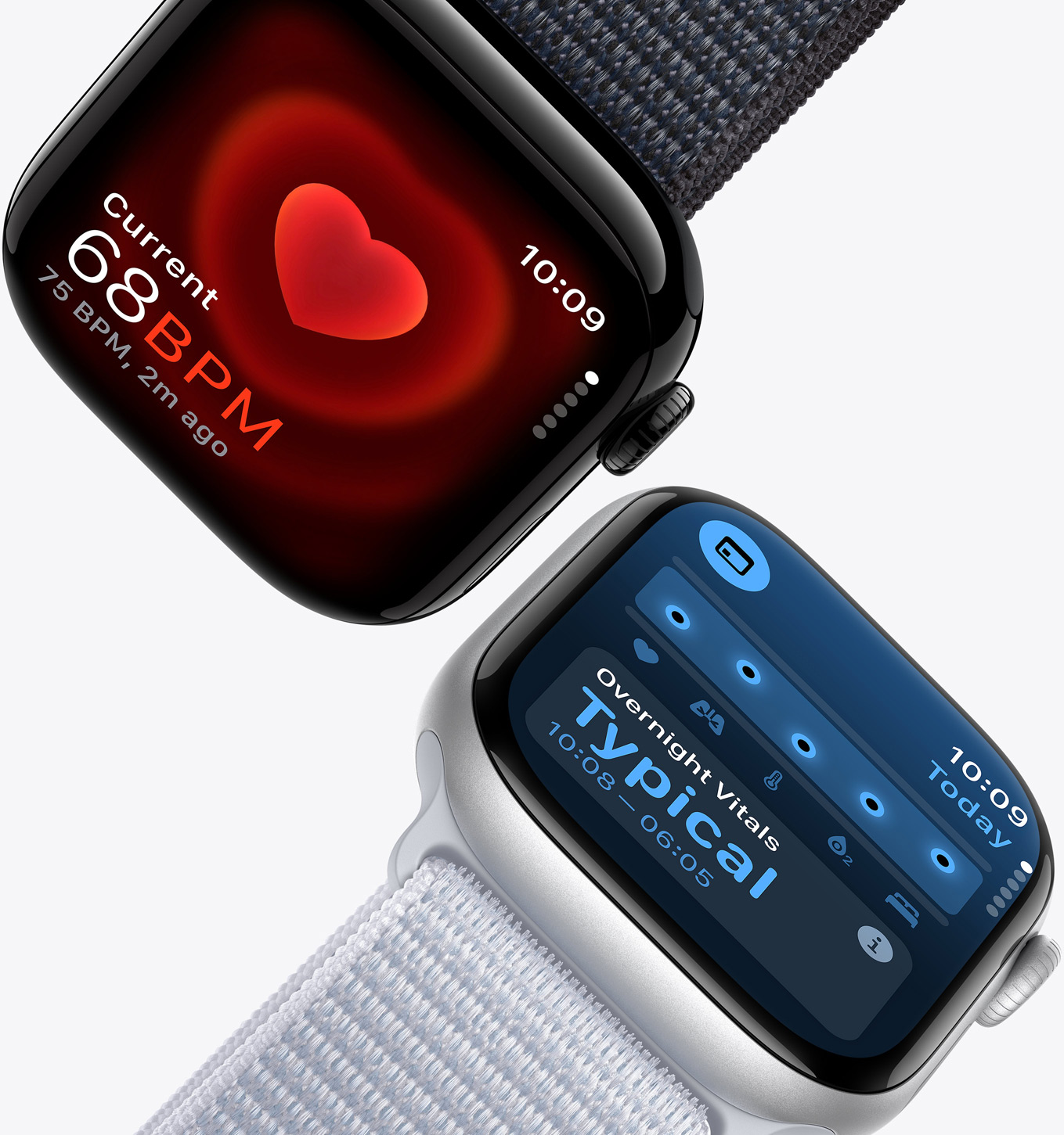 Puls-appen på en Apple Watch Series 10 viser en sanntidsmåling på 68 slag i minuttet, mens Vitale tegn-appen på en annen Apple Watch Series 10 viser en normal nattlig måling.