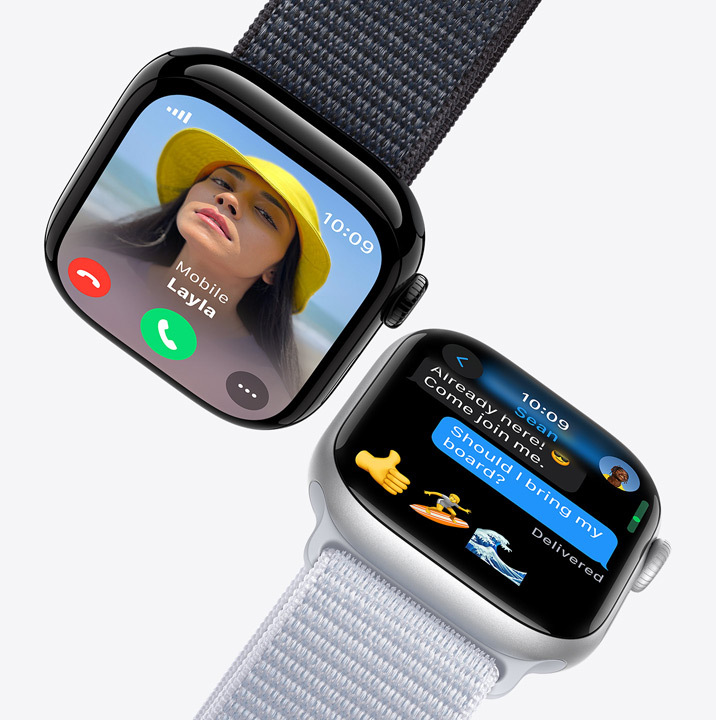 To Apple Watch-skjermer. På den første vises et innkommende anrop. På den andre vises en tekstmelding.