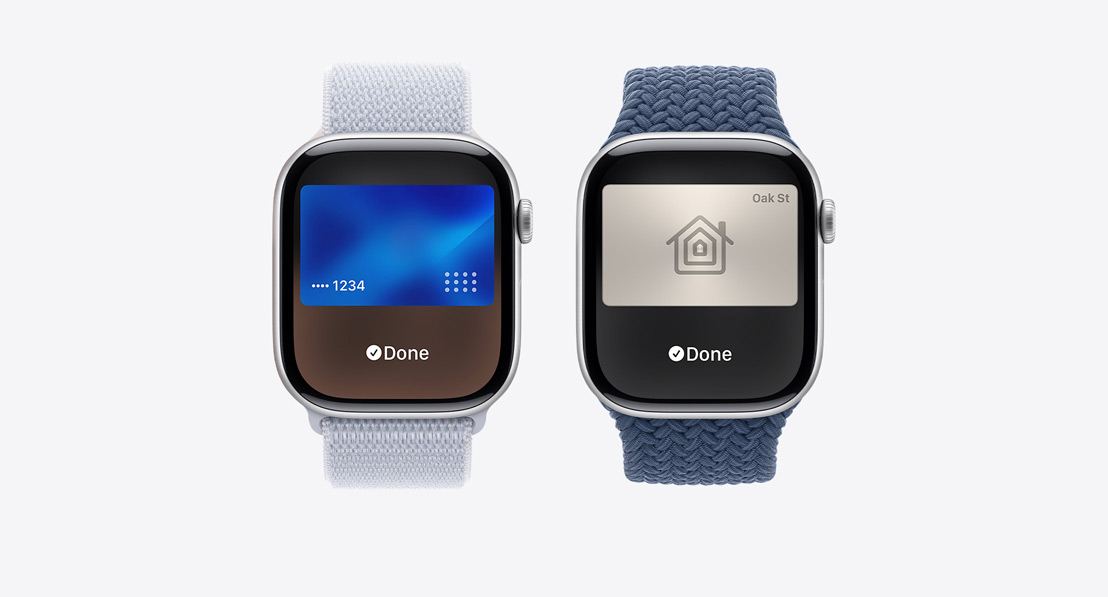 Trois Apple Watch Series 10. La première montre l’Apple Card utilisée avec Apple Pay. La deuxième montre une carte de transport utilisée avec l’app Cartes. La troisième montre une clé de domicile utilisée avec l’app Cartes.