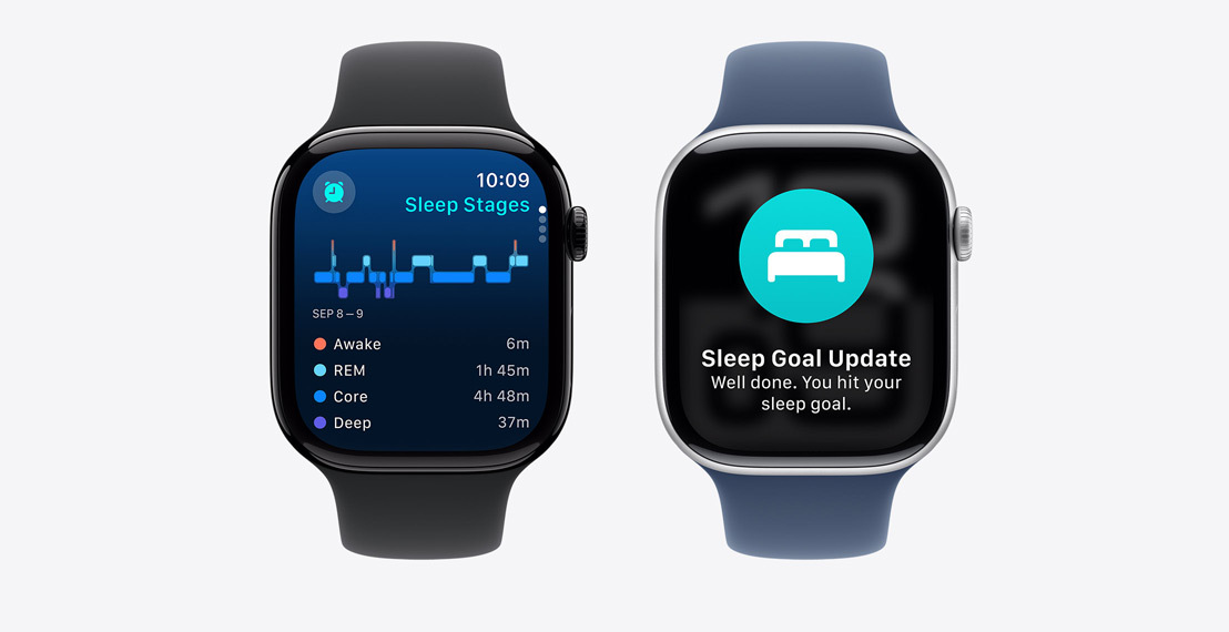 Deux Apple Watch Series 10. La première montre des données sur les phases de sommeil. La deuxième montre une notification Apnée du sommeil possible.