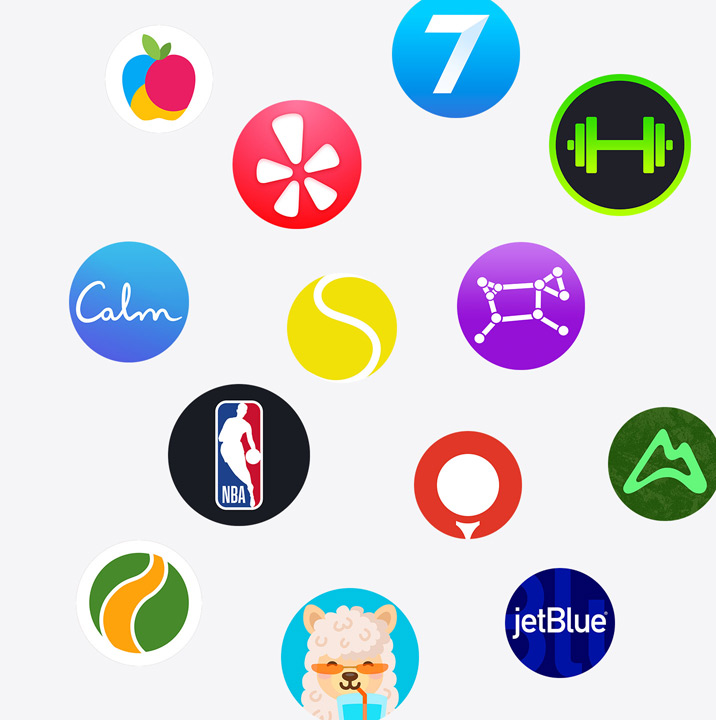 Ícones de apps para Apple Watch da App Store: ChargePoint, Yelp, Nike Run Club, SmartGym, Calm, NBA, SwingVision, Oceanic+, WeChat, Waterllama, Golfshot, JetBlue e AllTrails