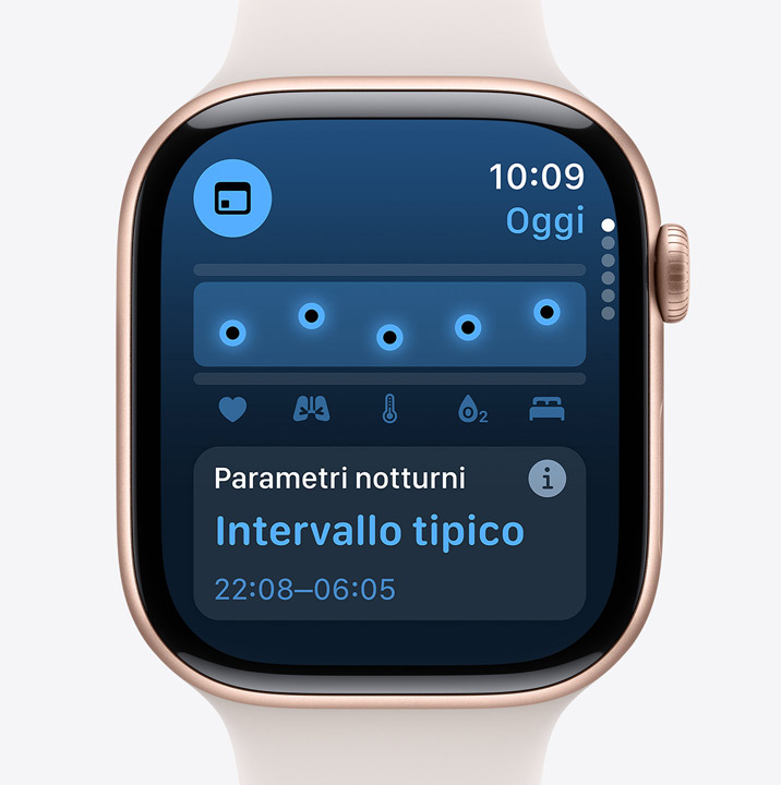 Un Apple Watch Series 10 con l’app Parametri Vitali che indica che i parametri notturni rilevati sono nella norma.