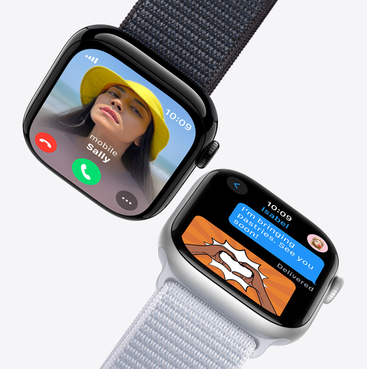 Two Apple Watch screens. The first shows an incoming call. The second shows a text message.