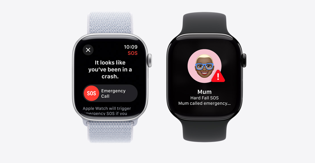 Two Apple Watch Series 10. The first shows a Crash Detection notification screen with an Emergency Call button. The second shows a notification screen indicating that “Mum” took a hard fall and has called emergency services.