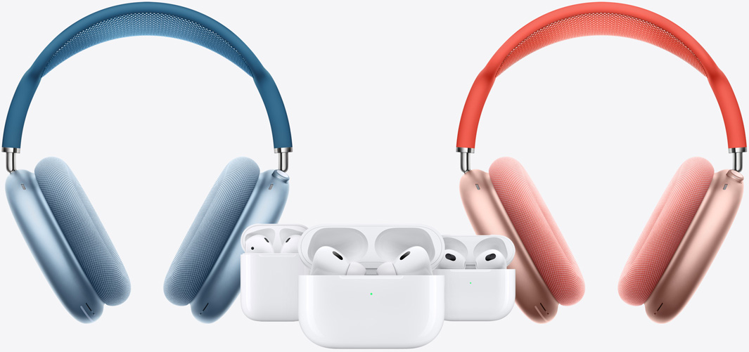 Două AirPods Max în jurul unor AirPods de a 2-a generație, AirPods de a 3-a generație și AirPods Pro de a 2-a generație.