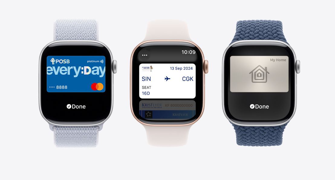 Three Apple Watch Series 9. The third shows a home key being used through the Wallet app.