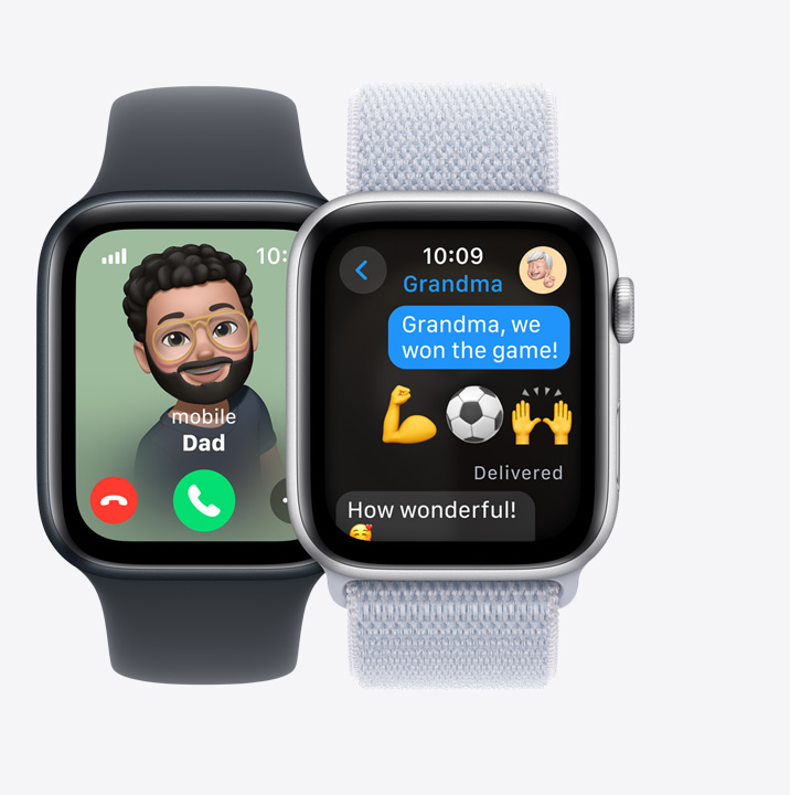 Two Apple Watch SE. The first shows an incoming call from Dad. The second shows a child texting “Grandpa! We won the match!”