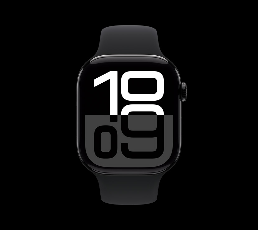 Apple Watch Series 10 av aluminium med finish i gagatsvart vises rett forfra.