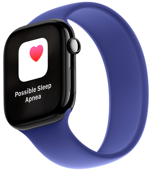 Powiadomienie o możliwym bezdechu sennym pokazane na Apple Watch Series 10.