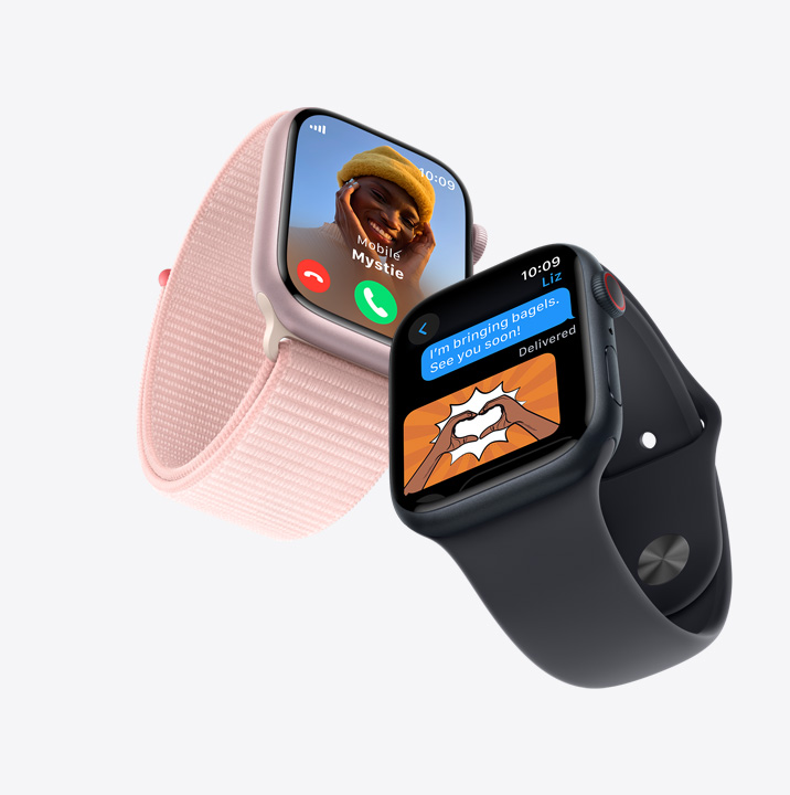 Două Apple Watch Series 9. Pe primul se vede un apel recepționat. Pe al doilea se vede o conversație prin mesaje text.