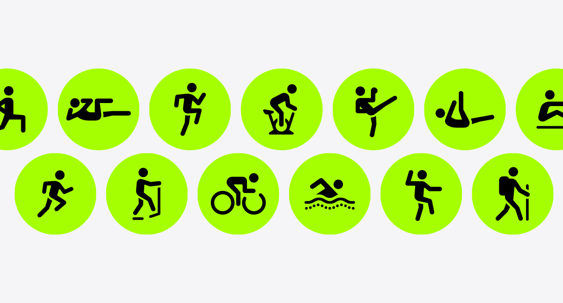 Pictogramele de antrenament pentru Antrenament funcțional de forță, Antrenament trunchi, HIIT, Bicicletă în sală, Kickboxing, Pilates, Vâslit, Alergare, Bicicletă eliptică, Ciclism, Înot, Tai Chi și Drumeție.